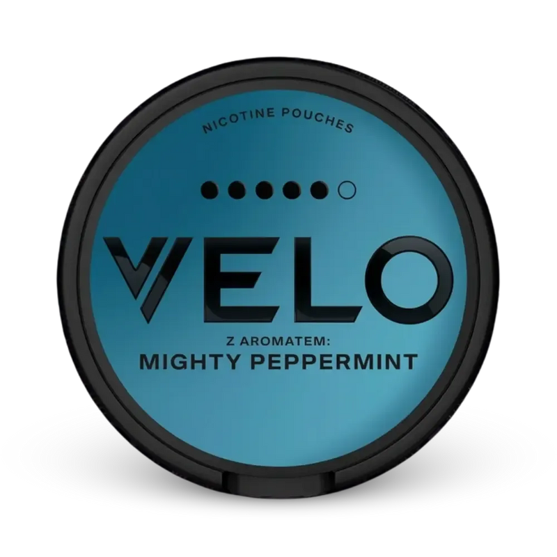 VELO Mighty Peppermint Nicotine Pouches in türkis-schwarzer Dose mit Pfefferminz-Aroma und hoher Nikotinstärke