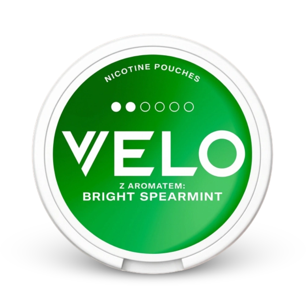 Velo Nicotine Pouches Bright Spearmint, starke Stärke, grüne Dose mit weißem Rand, Minz-Aroma