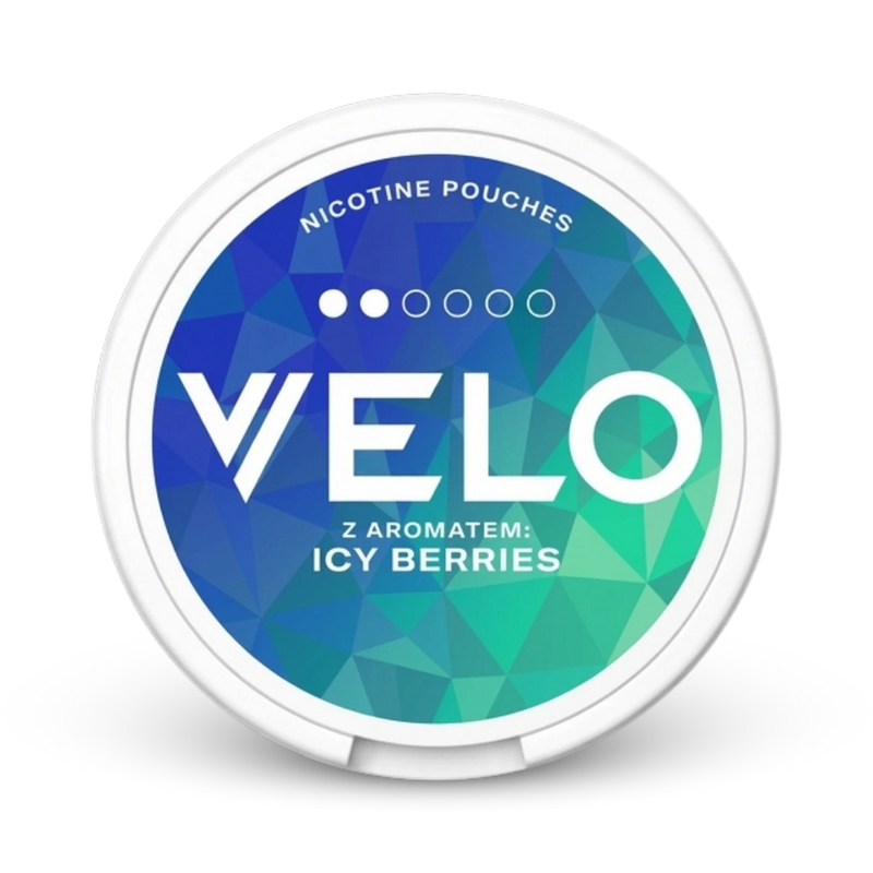 Velo Icy Berries Nicotine Pouches Mini Format, 15mg Nikotingehalt in weißer Dose mit blaugrünem Design