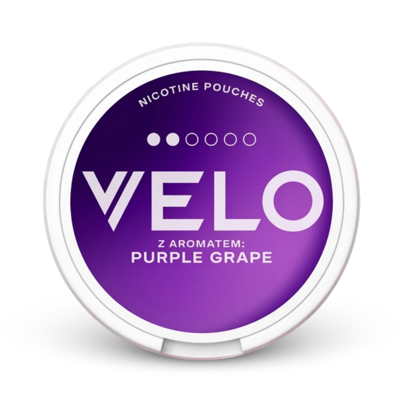 Velo Purple Grape Nicotine Pouches Mini Format, 5mg Stärke, Traubenaroma in weißer Dose mit violettem Design