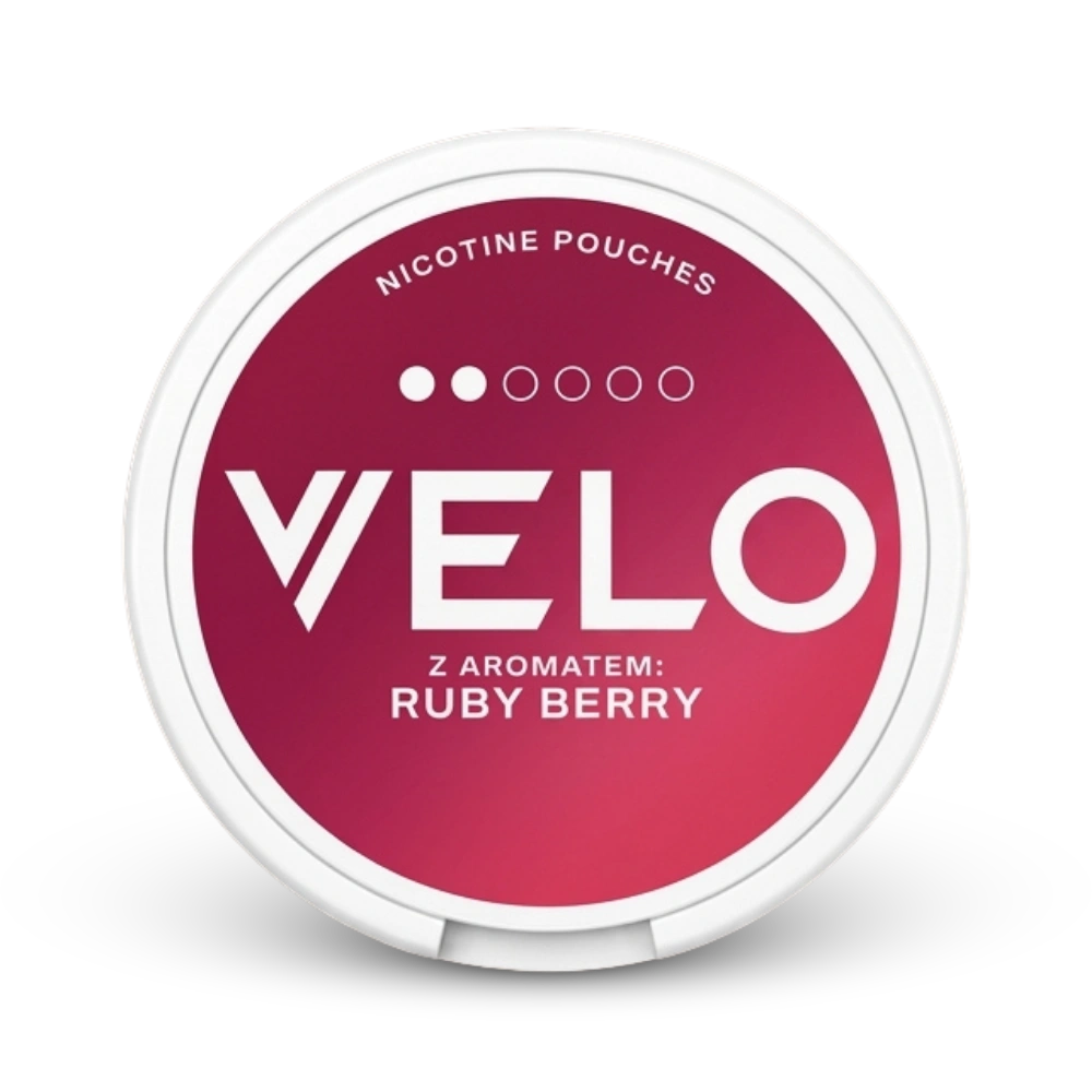 Velo Nicotine Pouches Mini Ruby Berry mit 14mg Nikotin, rote Dose mit weißem Etikett