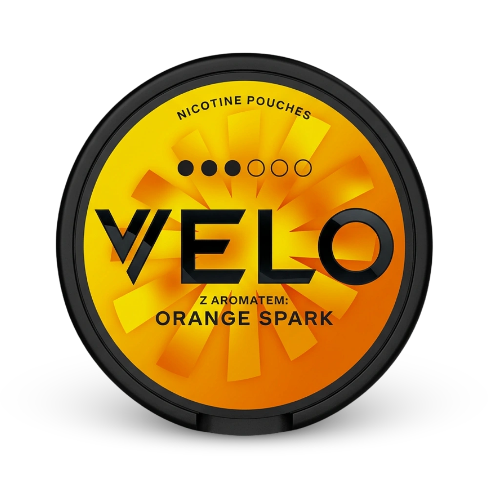 VELO Orange Spark Nicotine Pouches, Orange-Aroma, starke Stärke, schwarze Dose mit gelbem Design