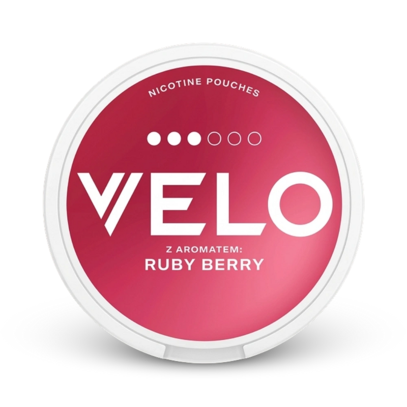 Velo Ruby Berry Nicotine Pouches, 3 von 6 Stärkestufen, Beerenaroma in weißer Dose