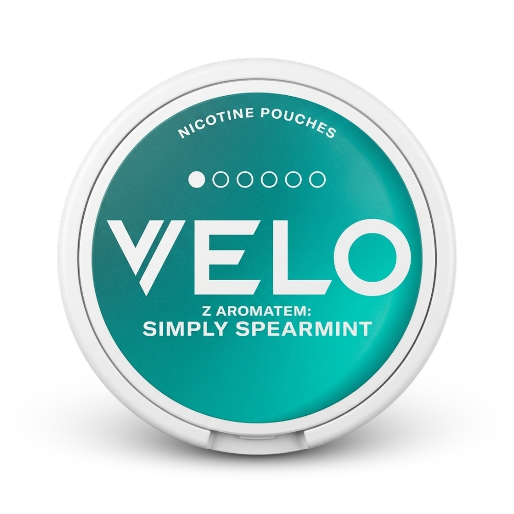 VELO Nicotine Pouches Simply Spearmint Dose mit Stärkeanzeige und Minzaroma in türkis-weißem Design